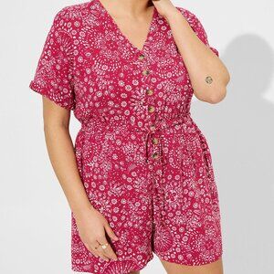 Red Rayon Slub Button Front Romper from Torrid